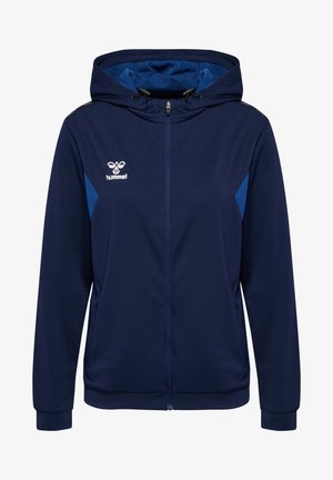Marinefarbener Reißverschluss-Hoodie mit blauen Seiteneinsätzen, Kordelzugkapuze und strukturiertem Stoff. Mit dem Hummel-Logo auf der Brust und gestrickten Bündchen.
