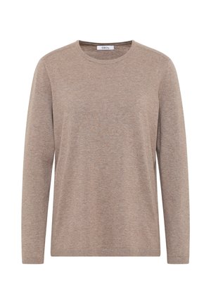 Pull beige à manches longues avec un col rond, texture en maille douce et poignets côtelés. Design simple sans motifs visibles ni ornements.