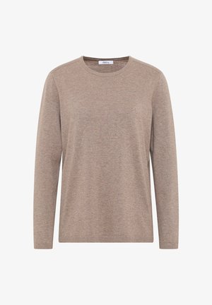 Beżowy sweter z długim rękawem oraz okrągłym dekoltem, o miękkiej struktury dzianiny i elastycznych mankietach. Prosty design bez widocznych wzorów czy ozdób.