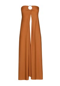 Vestido marrón sin tirantes con un detalle de corte circular en la parte delantera y una silueta fluida. Fabricado con una tela suave y texturizada.