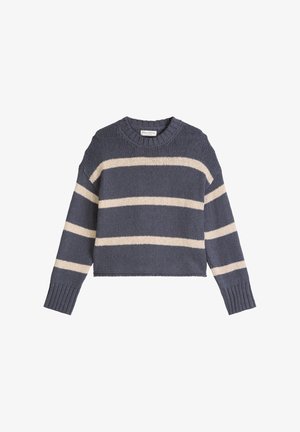 Donkerblauwe gebreide trui met crème horizontale strepen over het lichaam en de mouwen, geribbelde manchetten en een ronde hals.