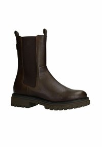 Brown leather Chelsea boot with elastic side panels, textured finish, rounded toe, and thick rubber sole with tread pattern.