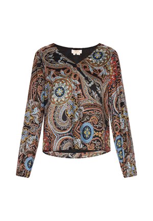 Juoda ilgam rankovėmis V formos megztinis su paisley raštu, kuriame yra mėlynos, oranžinės ir žalios akcentai. Sklandus audinys, laisvas kirpimas.