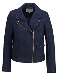 Granatowa kurtka motocyklowa z mieszanki wełny z asymetrycznym złotym zamkiem błyskawicznym, szerokimi klapami, zapięciem na napy oraz kieszeniami na klapki z przodu, rozmiar 36.