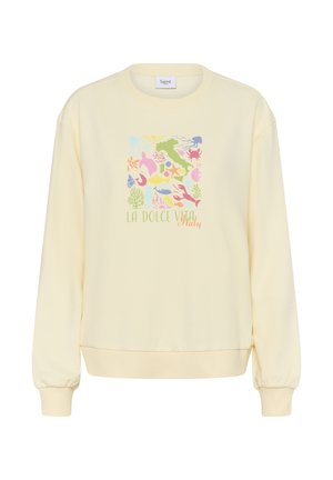 Gelbes Rundhals-Sweatshirt mit einem bunten Grafikdesign, das Meereslebewesen zeigt, und dem Text "LA DOLCE VITA Italien". Weiches Material mit gerippten Bündchen.