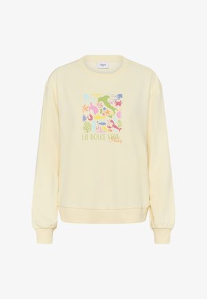 Kollane crewneck kampsun, millel on värviline graafika mereelustikust ja tekst "LA DOLCE VITA Italy". Pehme kangas koos soonikute jaotistega.
