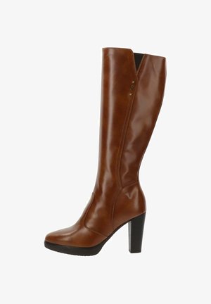 Braune Lederstiefel bis zum Knie mit einem schlanken Design, quadratischer Spitze und einem klobigen hohen Absatz. Verfügt über ein dezentes seitliches Akzentdetail.