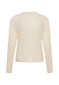 Pull en laine crème à manches longues avec un col rond et une coupe légèrement ample, présenté de dos sur fond blanc.
