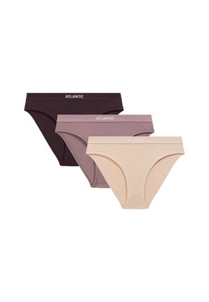 Zestaw trzech damskich majtek z mieszanki bawełny. Kolory obejmują ciemny fiolet, mauve i beż. Zawiera logo na elastycznej talii.