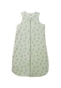 Soutien-gorge de sommeil pour bébé sans manches de couleur vert clair, avec une fermeture éclair, présentant un motif animal noir répétitif sur un tissu texturé.