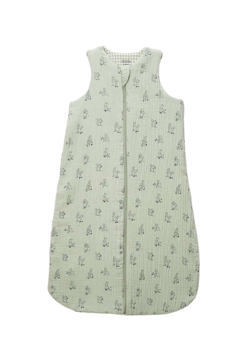 Soutien-gorge de sommeil pour bébé sans manches de couleur vert clair, avec une fermeture éclair, présentant un motif animal noir répétitif sur un tissu texturé.