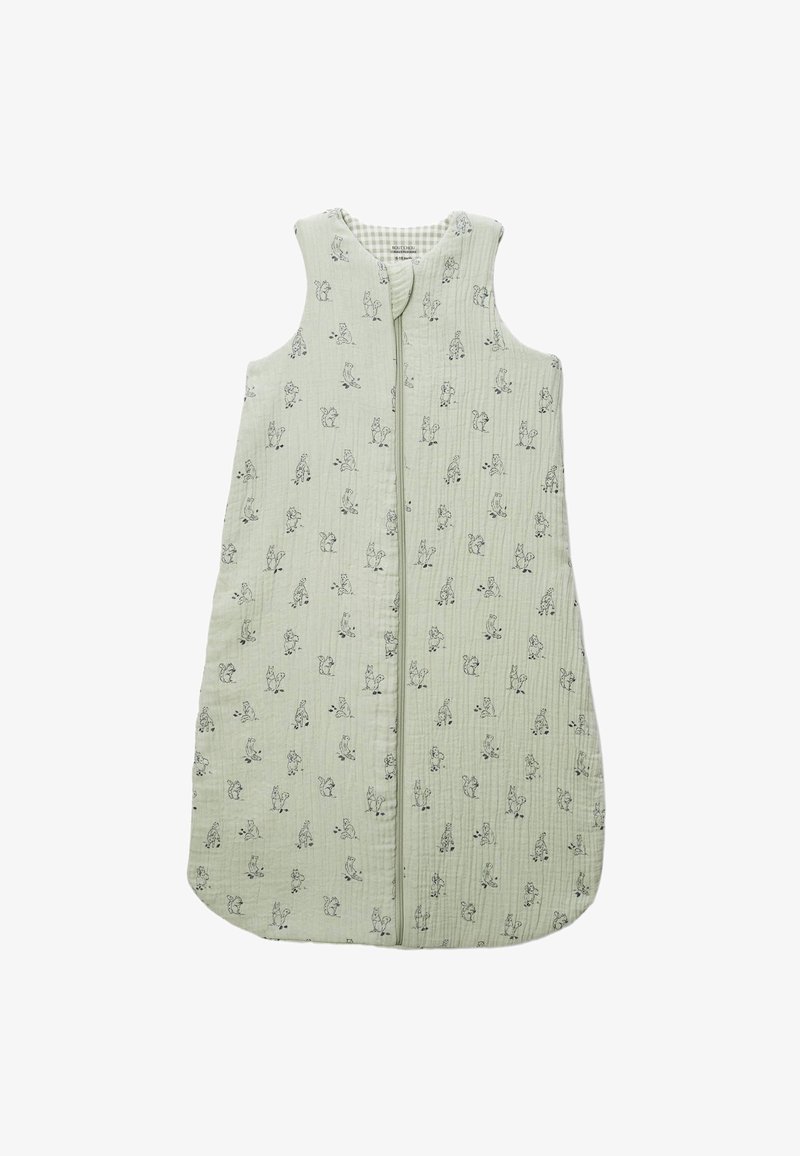 Soutien-gorge de sommeil pour bébé sans manches de couleur vert clair, avec une fermeture éclair, présentant un motif animal noir répétitif sur un tissu texturé.