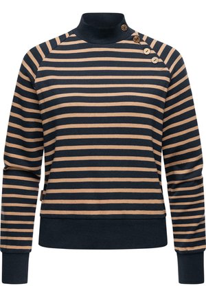 Gestreifter Pullover in Marineblau und Beige, mit hohem Kragen, gerippten Bündchen und Saum, sowie drei dekorativen Knöpfen an der Schulter.