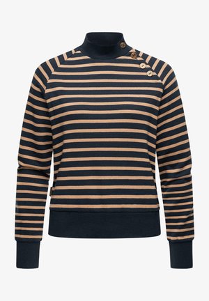 Pull rayé en bleu marine et beige, avec un col montant, des poignets et un ourlet côtelés, et trois boutons décoratifs sur l'épaule.