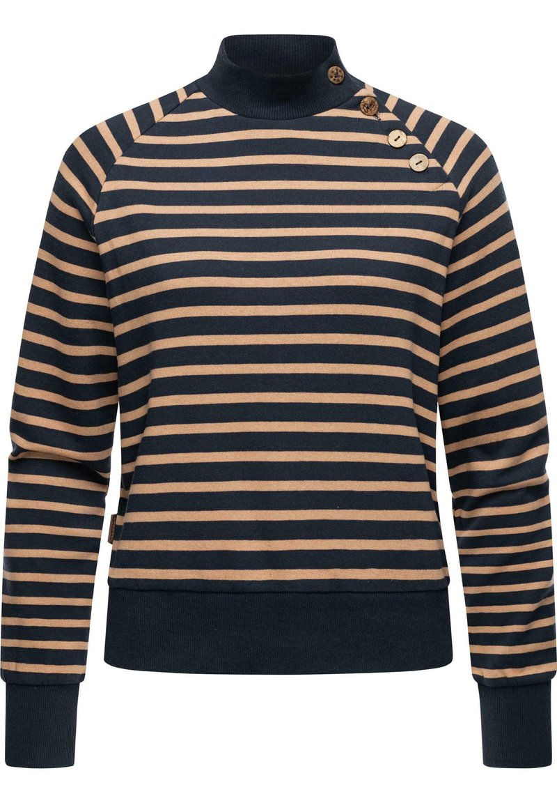 Maglione a righe in blu navy e beige, con colletto alto, polsini e orlo a costine, e tre bottoni decorativi sulla spalla.