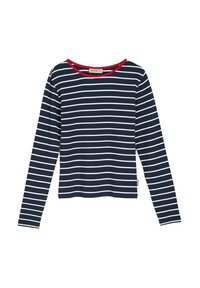 Czarna i biała w pasiaki koszula z długim rękawem z czerwonym, prążkowanym dekoltem. Posiada prosty krój i miękką tkaninę. Metka widoczna na dolnej stronie.