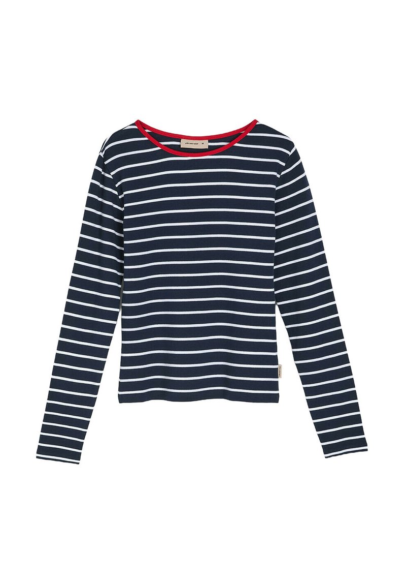 Czarna i biała w pasiaki koszula z długim rękawem z czerwonym, prążkowanym dekoltem. Posiada prosty krój i miękką tkaninę. Metka widoczna na dolnej stronie.