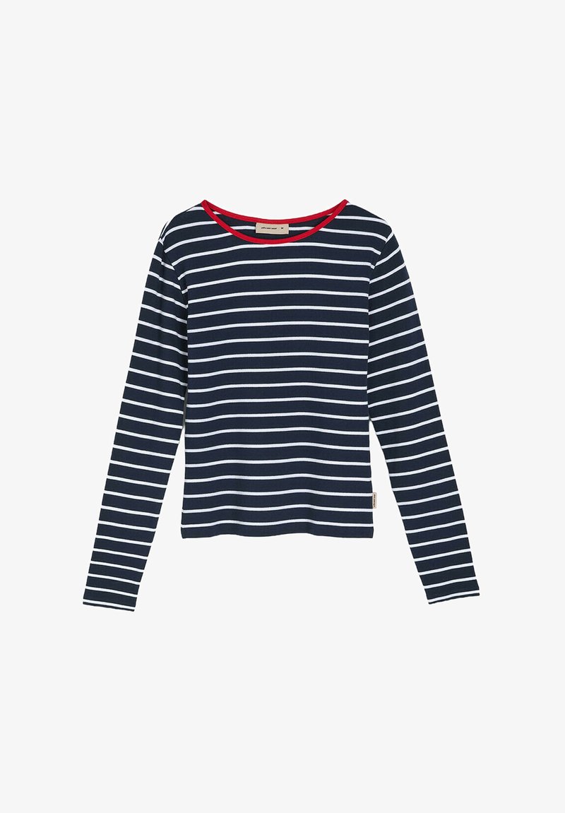 Czarna i biała w pasiaki koszula z długim rękawem z czerwonym, prążkowanym dekoltem. Posiada prosty krój i miękką tkaninę. Metka widoczna na dolnej stronie.