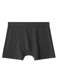 Mörkgrå boxershorts i mjukt tyg, med ett brett midjeband där varumärket är präglat längs toppen.