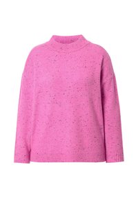 Jersey de punto rosa con cuello alto, corte relajado y dobladillo acanalado. Presenta una textura moteada en toda su superficie. Mangas largas con hombros caídos.