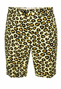 Leopardo rašto šortai su geltonu fonu ir juodais bei rudais taškais, užbaigti mygtuko uždarymu ir sulenkta apdaila.