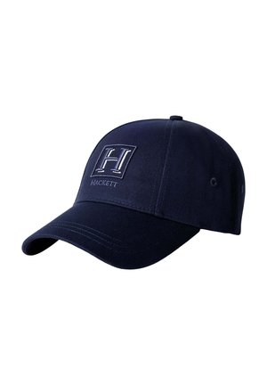 Marineblaue Baseballkappe mit gebogenem Schirm, besticktem "H"-Logo und "Hackett"-Schriftzug auf dem Frontpanel, gestickten Belüftungslöchern an den Seiten.