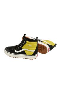 Black and yellow high-top sneakers with suede and textile materials, featuring a white side stripe, black laces, and rubber gum sole.