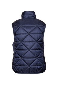 Marineblaue Steppweste mit hohem Kragen, diagonal gestepptem Muster und glattem, glänzendem Material. Ärmellos und leicht im Design.