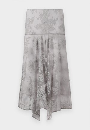 Przezroczysta, jasnoszara spódnica z koronką z kwiatowymi wzorami, dopasowaną talią i rozkloszowanym fasonem z asymetrycznymi brzegami.