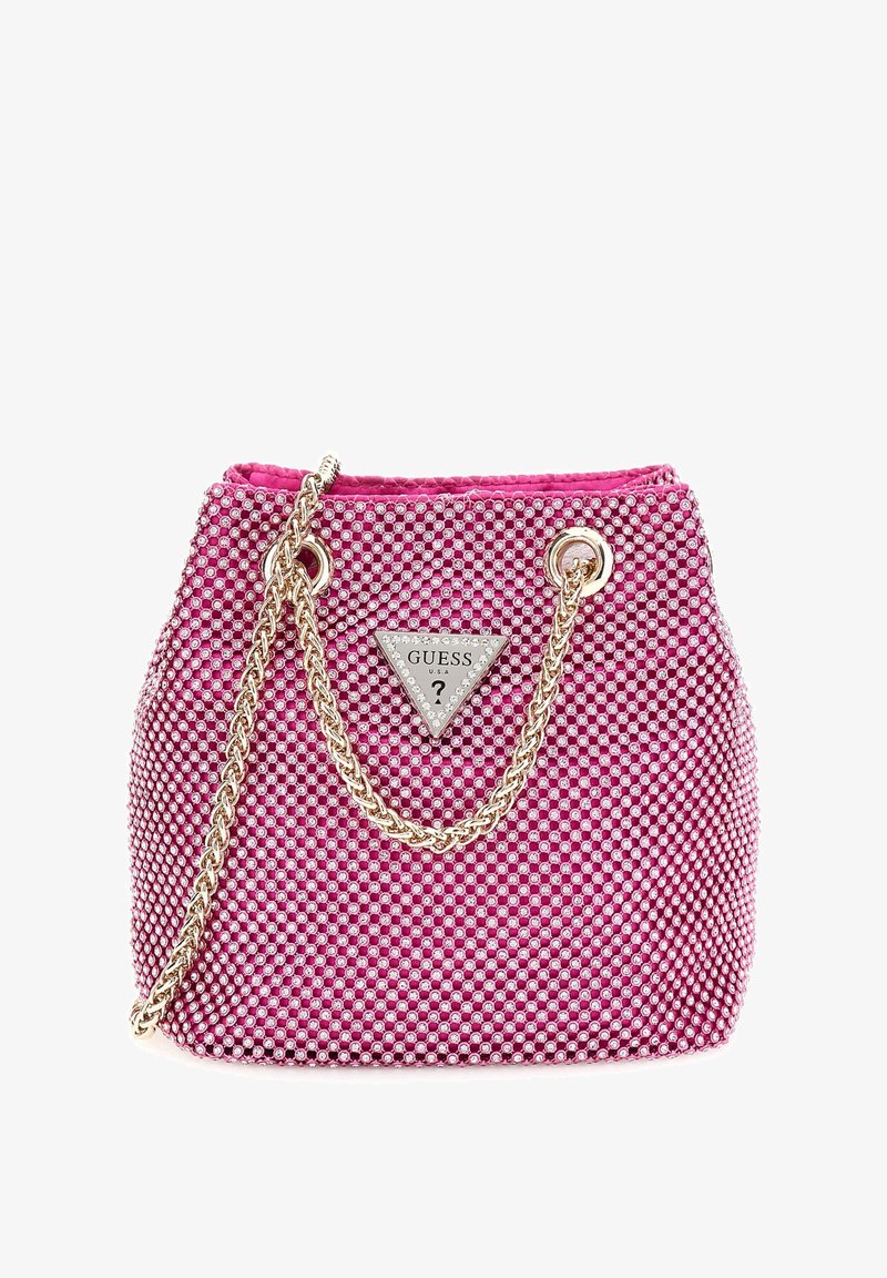 Pink sequined bucket bag with a gold chain strap and triangular brand logo. Features a textured surface and drawstring closure.