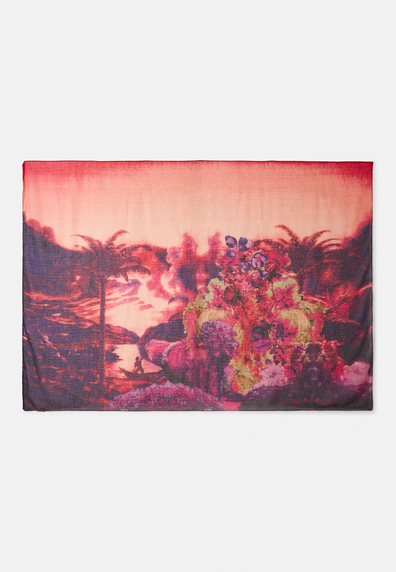 Bunter Schal mit einem lebendigen Landschaftsdesign, das Palmen, florale Akzente und ein Boot zeigt, überwiegend in Rosa- und Lilatönen.