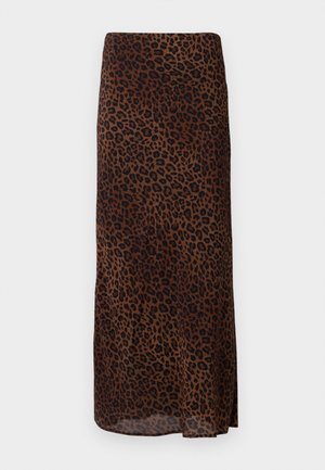 Brūna un melna leoparda raksta midi svārki ar taisnu siluetu, izstādīti uz vienkārša baltā fona.