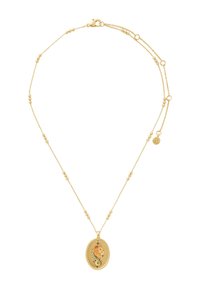 Collar de cadena dorada con pequeñas cuentas y un colgante ovalado que presenta una cabeza de león detallada y elementos florales decorativos.