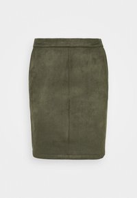 Olivgrön mockapennkjol med slät yta, figursydd design och smal midja. Har en rak nederkant och minimala sömnadsdetaljer.