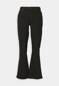 Pantalones vaqueros negros de perneras acampanadas, fabricados en denim, con una cintura ajustada, cinco bolsillos y herrajes plateados. Textura suave y color uniforme.