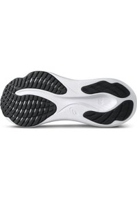 Schuhsohle mit einem schwarzen Gummiprofil und weißem Dämpfungsmaterial. Geschwungene Form mit detaillierten Rillen für bessere Traktion.