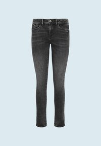 Slim fit jeans i mörkgrå denim, med midjehög midja, fem fickor och subtila blekningar över tyget för struktur.