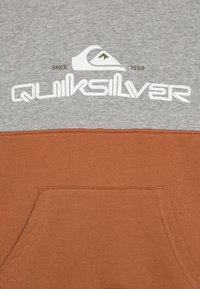 Felpa grigia e marrone con tasca frontale, dotata di un logo 'Quiksilver' bianco e una grafica di montagna sopra il nome del marchio.