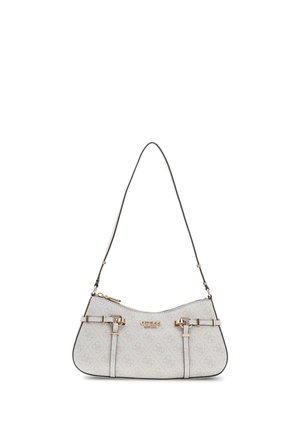 Sac bandoulière blanc Guess avec impression du logo, quincaillerie dorée, sangle réglable et fermeture éclair sur un fond blanc.