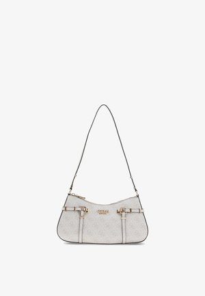 Sac bandoulière blanc Guess avec impression du logo, quincaillerie dorée, sangle réglable et fermeture éclair sur un fond blanc.