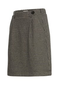 Rutig nederdel i sort, hvid og tan. Har en høj talje, forplisseringer og en enkelt knaplukning. Lavet af struktureret stof.