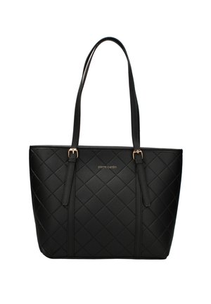 Borsa a tracolla nera imbottita in pelle sintetica, con due manici lunghi e dettagli in metallo dorato. Mostra il nome del marchio in oro.