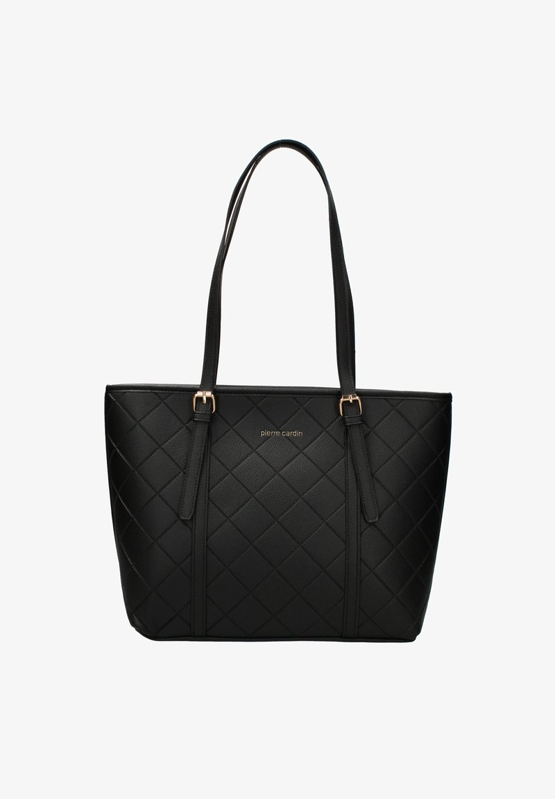 Zwarte gewatteerde schoudertas van synthetisch leer, met twee lange handvaten en gouden hardware accenten. Toont de merknaam in goud.