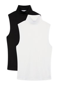 Due maglie a collo alto senza maniche, in bianco e nero, realizzate in un tessuto liscio con un design aderente. Ognuna presenta un colletto alto e ripiegato.