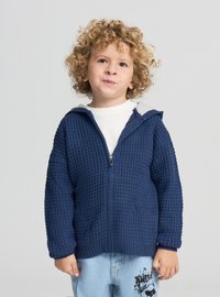 Felpa con cappuccio blu navy con cerniera, tessuto a trama strutturata, fodera del cappuccio grigia e tasche frontali. Abbinata a jeans azzurri con dettaglio grafico.