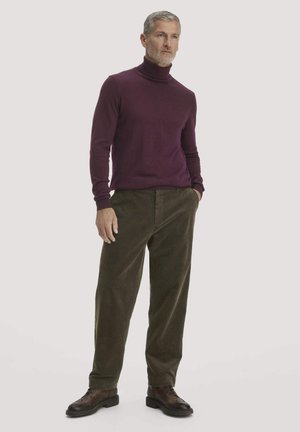 Mann mit grauen Haaren, der einen burgunderfarbenen Rollkragenpullover, olivgrüne Cordhosen und braune Lederschuhe trägt, steht mit teilweise in den Taschen steckenden Händen.