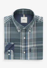 Blauw en grijs geruit overhemd met knoopsluiting, voorzien van witte knopen, contrasterende polka dot voering bij de manchetten en een klein logo op de zak.