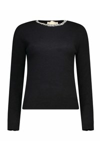 Maglione nero lavorato a maglia con maniche lunghe, scollo rotondo e dettagli in cristallo impreziositi sul colletto. Presenta orlo e polsini a coste.