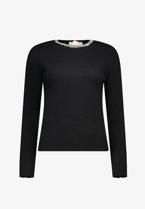 Zwarte gebreide trui met lange mouwen, ronde hals en versierde kristaldetails bij de kraag. Heeft een geribde zoom en manchetten.