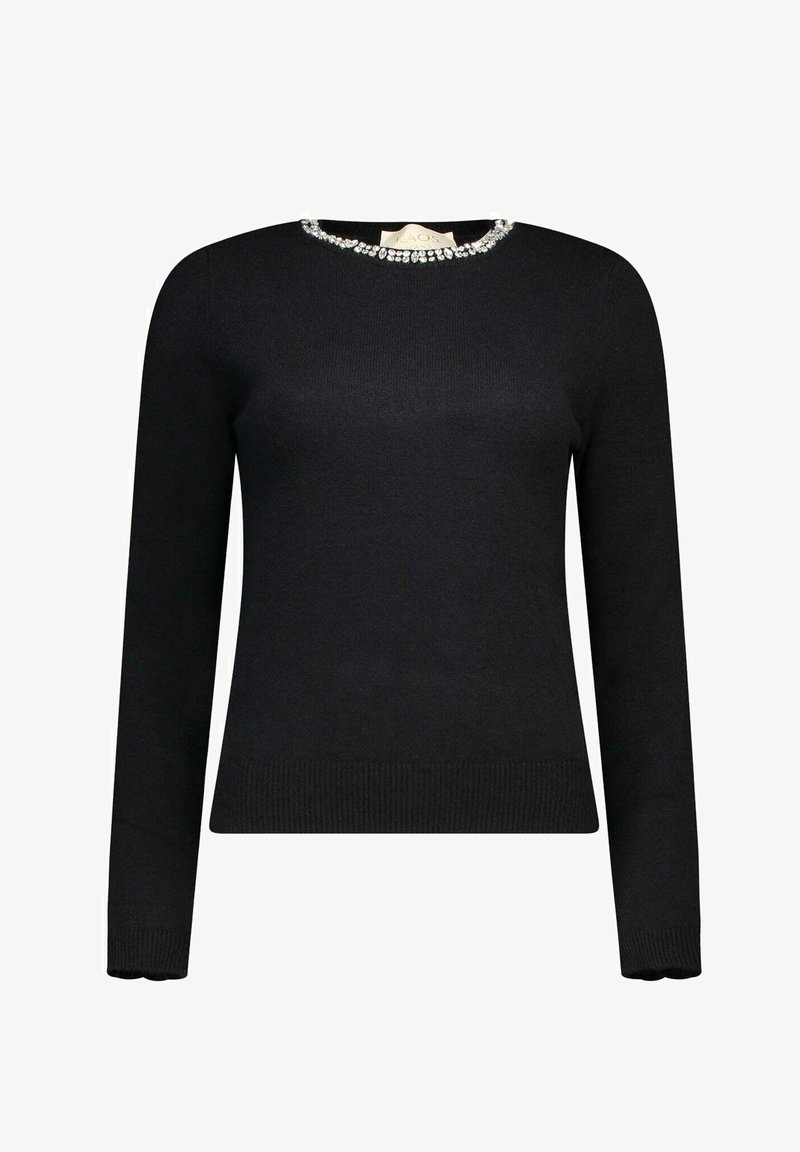 Maglione nero lavorato a maglia con maniche lunghe, scollo rotondo e dettagli in cristallo impreziositi sul colletto. Presenta orlo e polsini a coste.